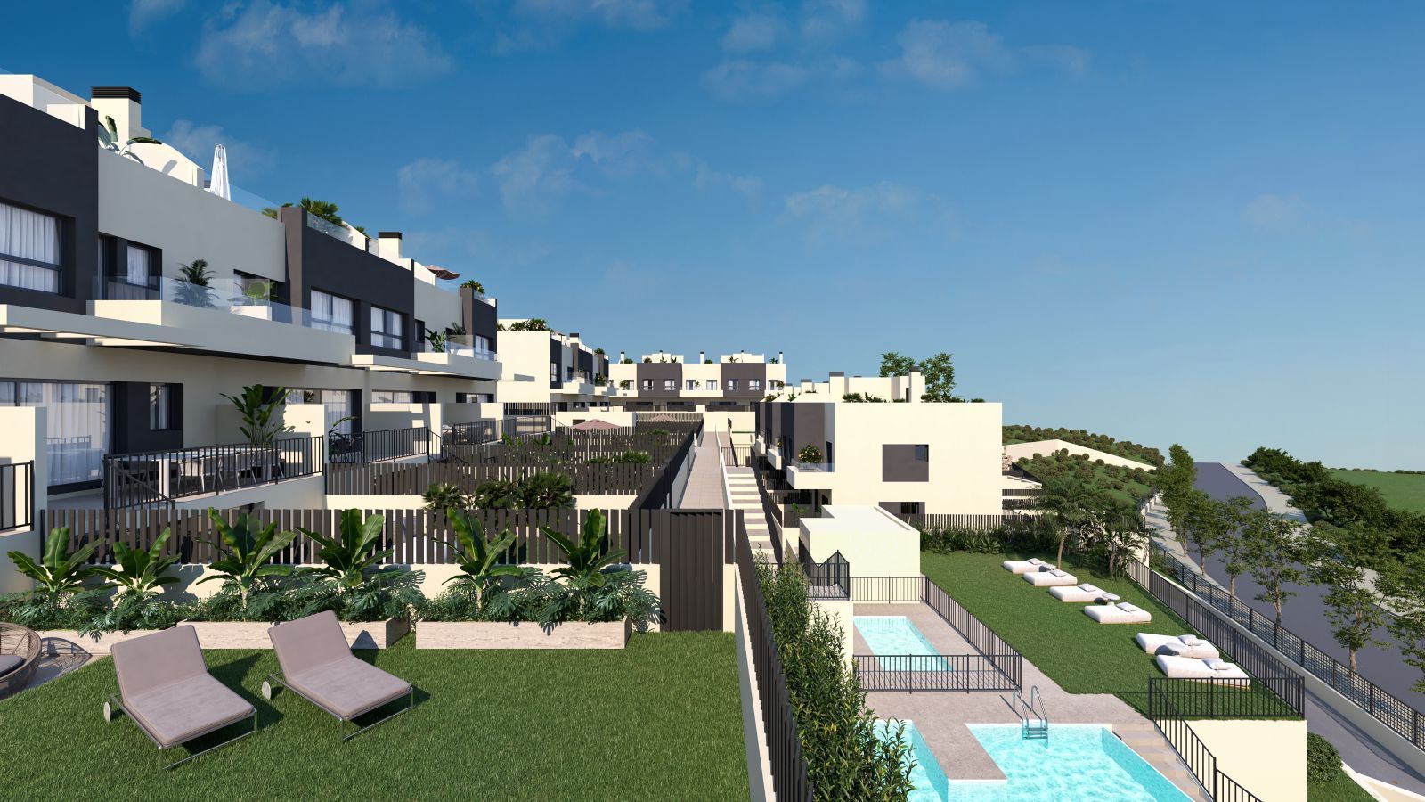 07 modern apartment complex with pool and garden